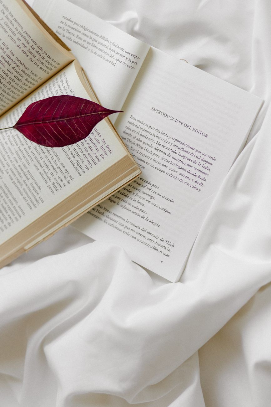 top view of a book on a bed